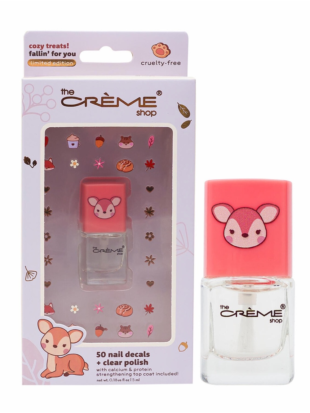 the CRÈME Shop Clear Nail Polish with 50 Pink Deer Cap & Decals